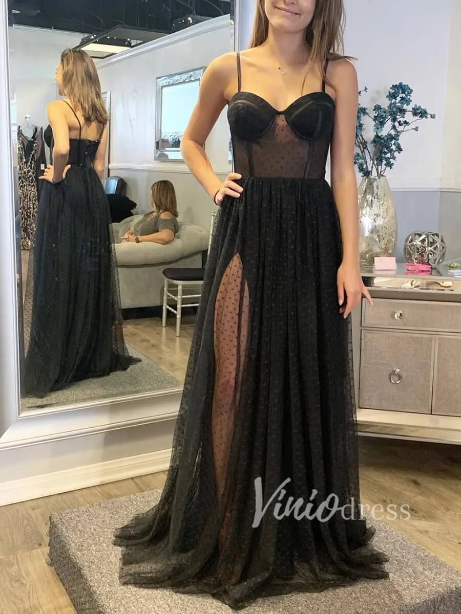 Black Polka Dot Lace Long Prom Dresses with Straps FD1480