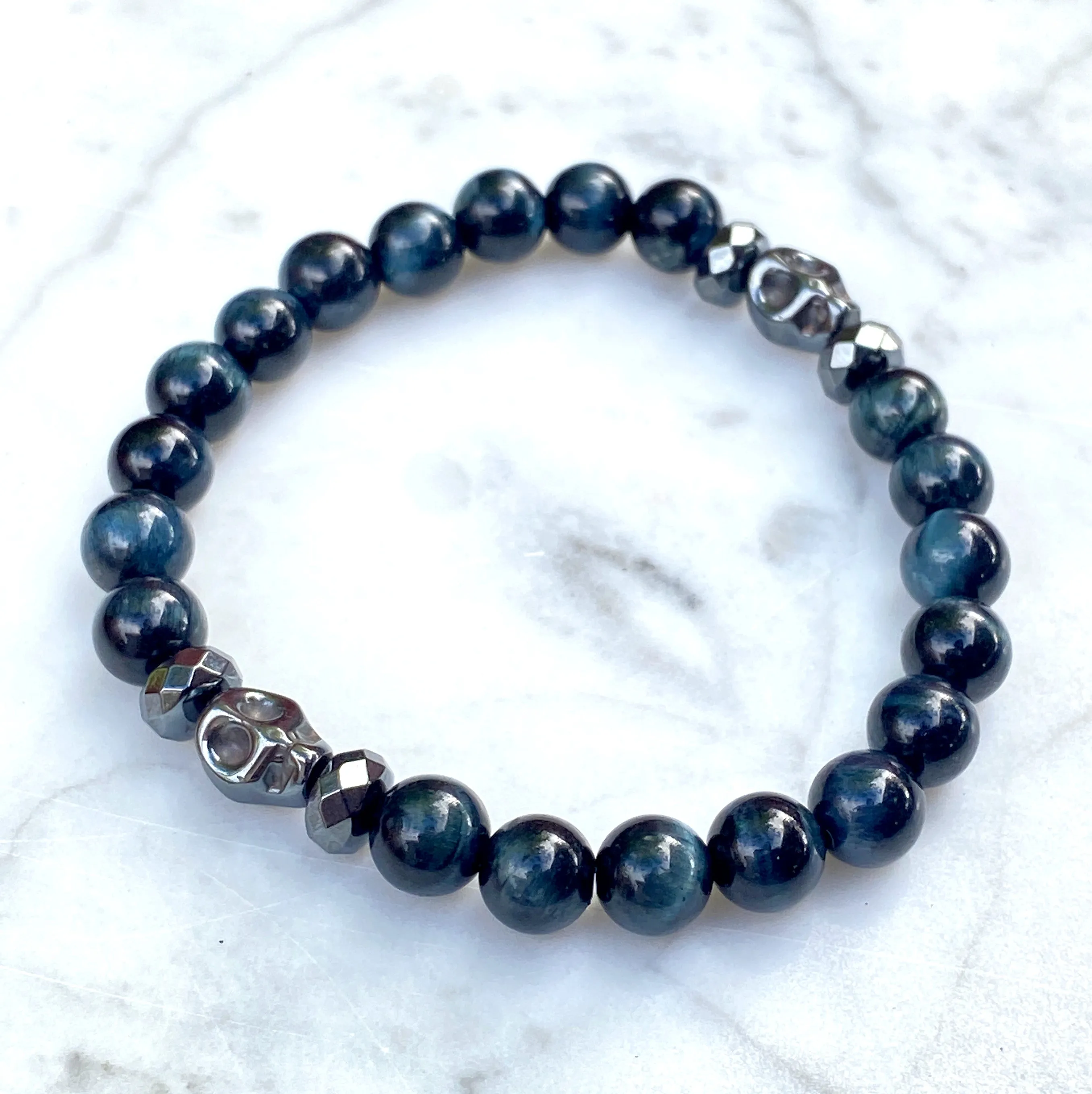 Blue Tiger Eye and Hematite Skull Stretch Bracelet