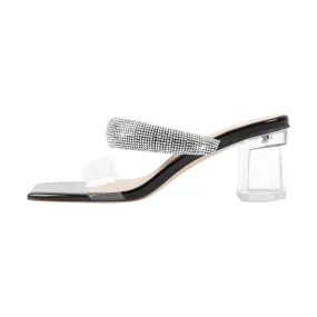 Clear Mid Block Heels Sliders Diamante Sandals