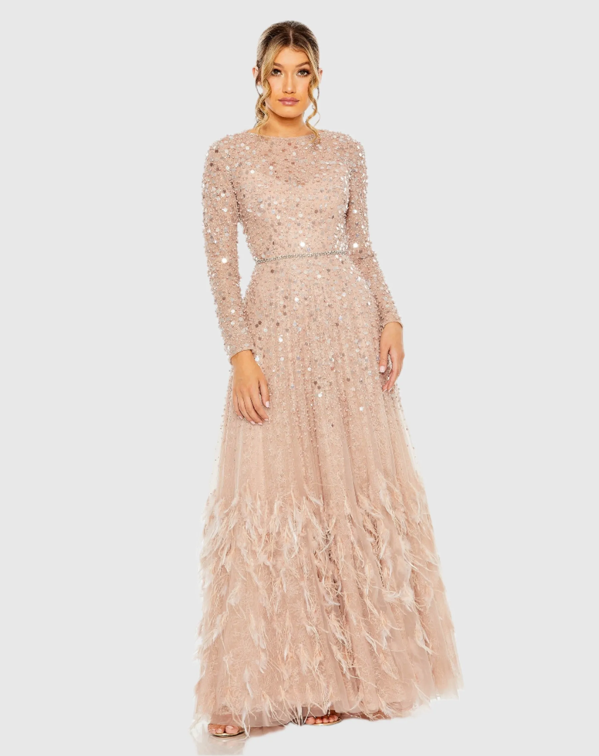 Disc Embellished Sequin Gown with Feather Detail