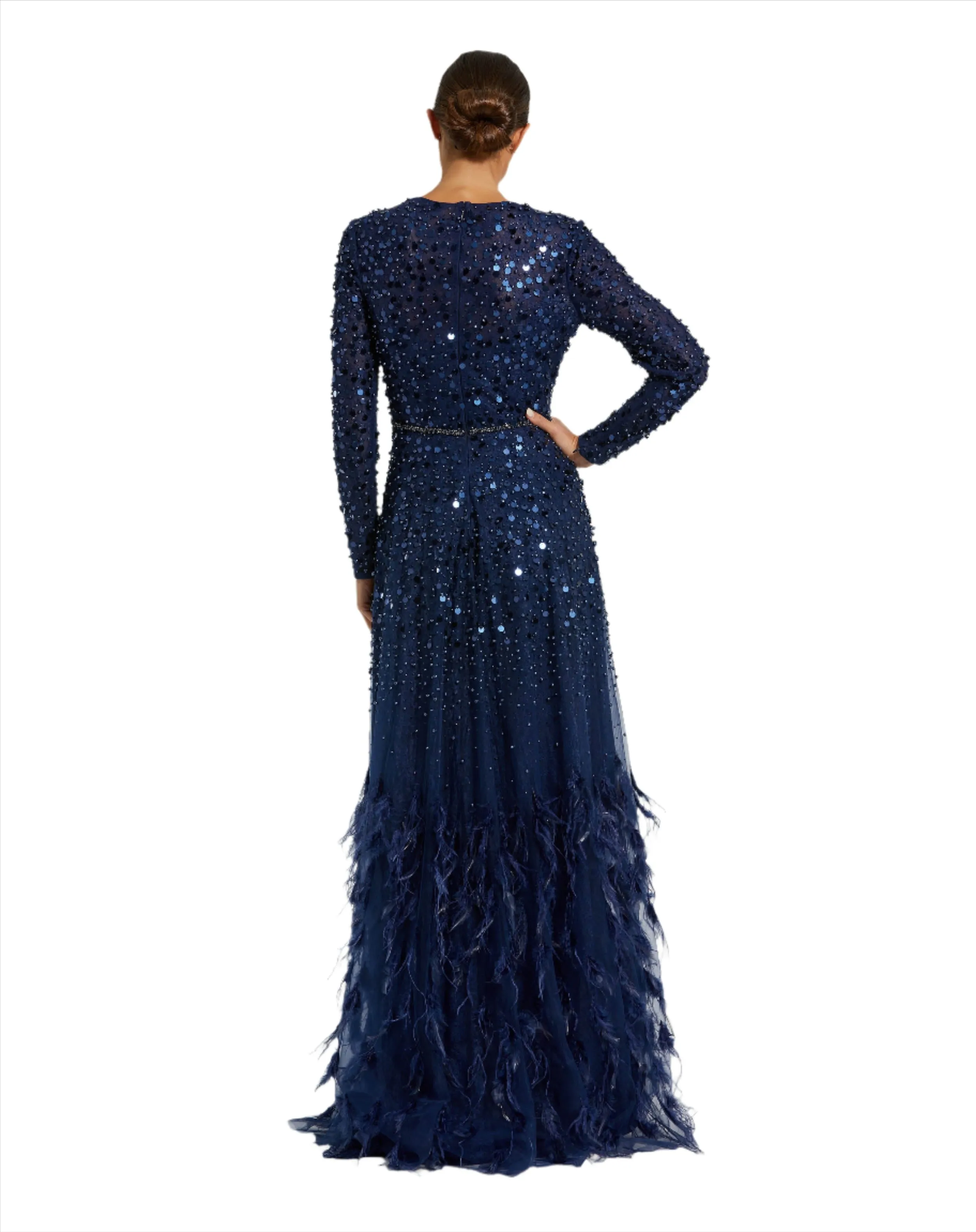 Disc Embellished Sequin Gown with Feather Detail