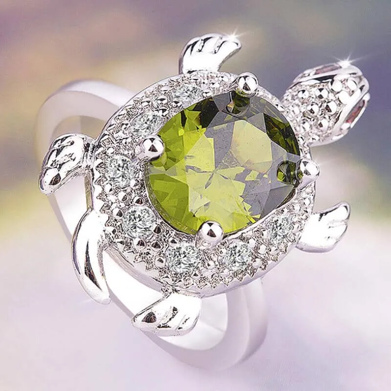 Lovely Cute Turtle Peridot Ring