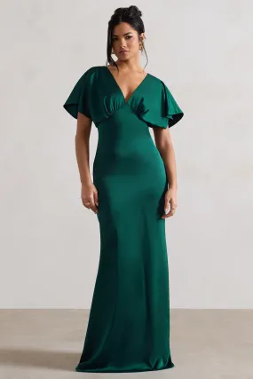 Marisa | Dark Green Satin V-Neck Flutter-Sleeve Maxi Dress