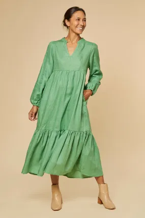 Sabre V-Neck Linen Dress in Jadesheen