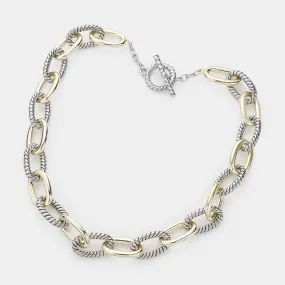 Silver & Gold Open Oval Metal Link Chain Necklace for Women