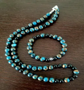 Teal Mosaic Quartz & Black Tourmaline Necklace & Bracelet Set